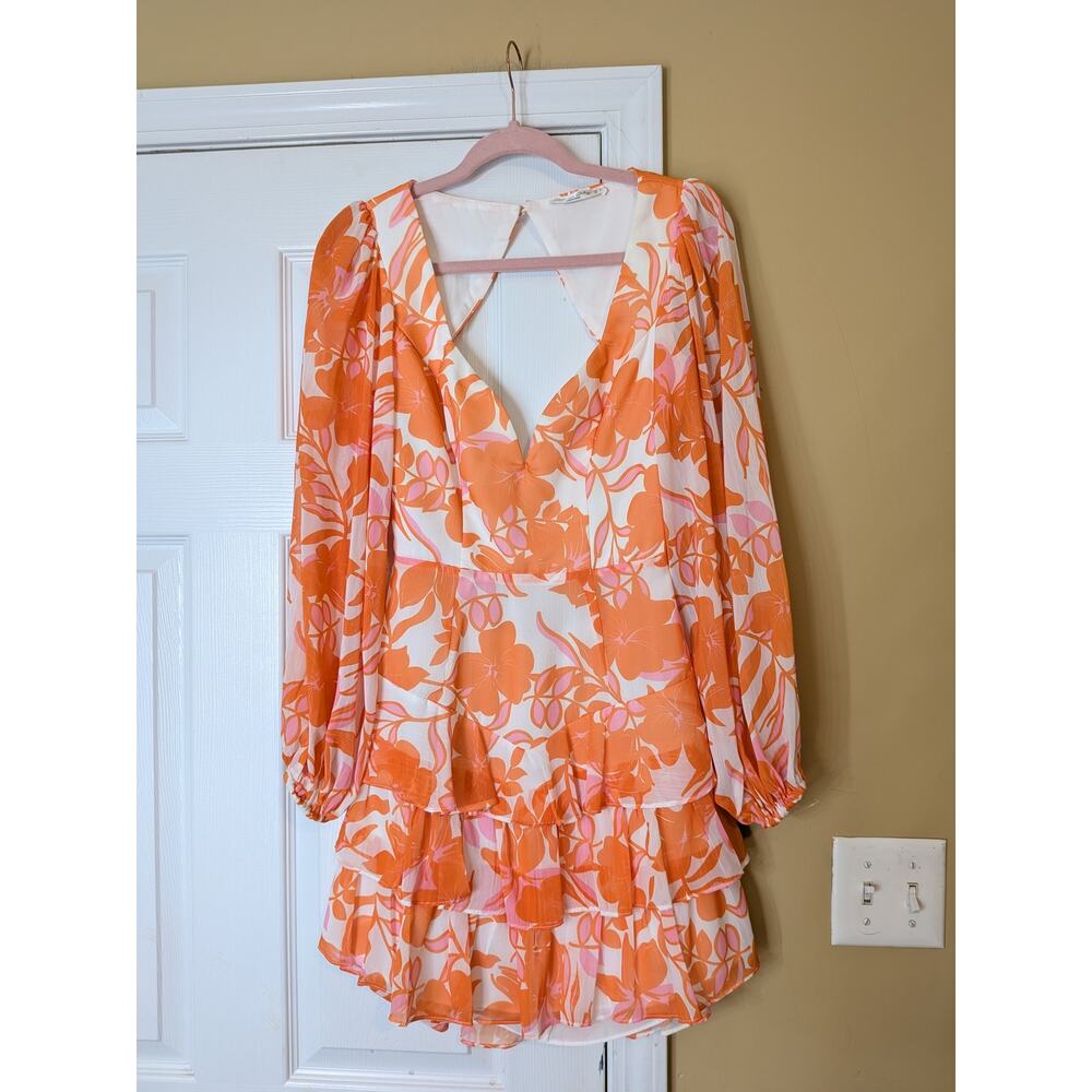 One and Only Collective Orange Floral Backless Tiered Mini Dress Size Small